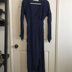 Jen’s Pirate Booty Indigo blue gauze wrap dress with macrame sleeve